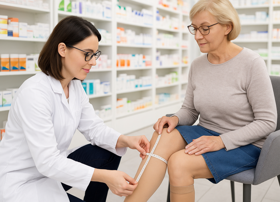 In einem diskreten Beratungsraum misst eine Apothekenmitarbeiterin im weißen Kittel mit einem Maßband den Oberschenkel einer Frau, die hautfarbene Kompressionsstrümpfe trägt. Beide sitzen sich auf Stühlen gegenüber. KI‑generiert