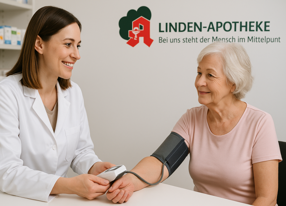 Apothekerin misst mit einem digitalen Blutdruckmessgerät den Blutdruck einer Seniorin in einem Apotheken-Beratungsraum. KI‑generiert