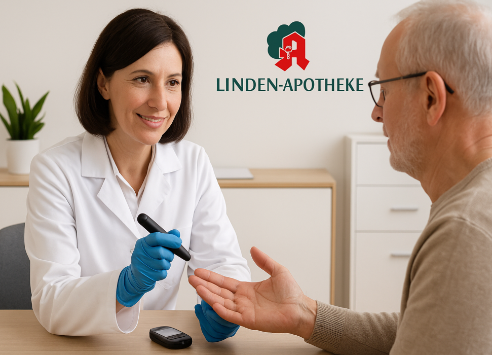 Eine Apothekerin misst einem älteren Mann mit einer Lanzette den Blutzucker, ein Messgerät liegt bereit auf dem Tisch. KI‑generiert