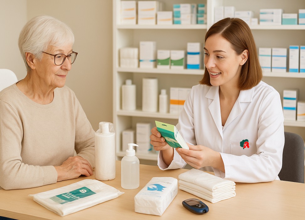 Eine Apothekerin berät eine ältere Frau zu Pflegehilfsmitteln wie Einmalhandschuhen, Einlagen und Desinfektionsmitteln in der Apotheke. KI‑generiert