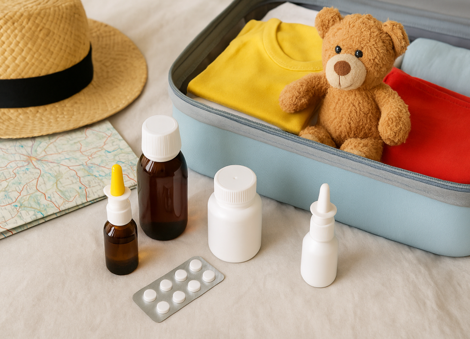 Symbolbild: Reiseapotheke für Kinder: Koffer mit Bär und Medikamente im Vordergrund. KI‑generiert 