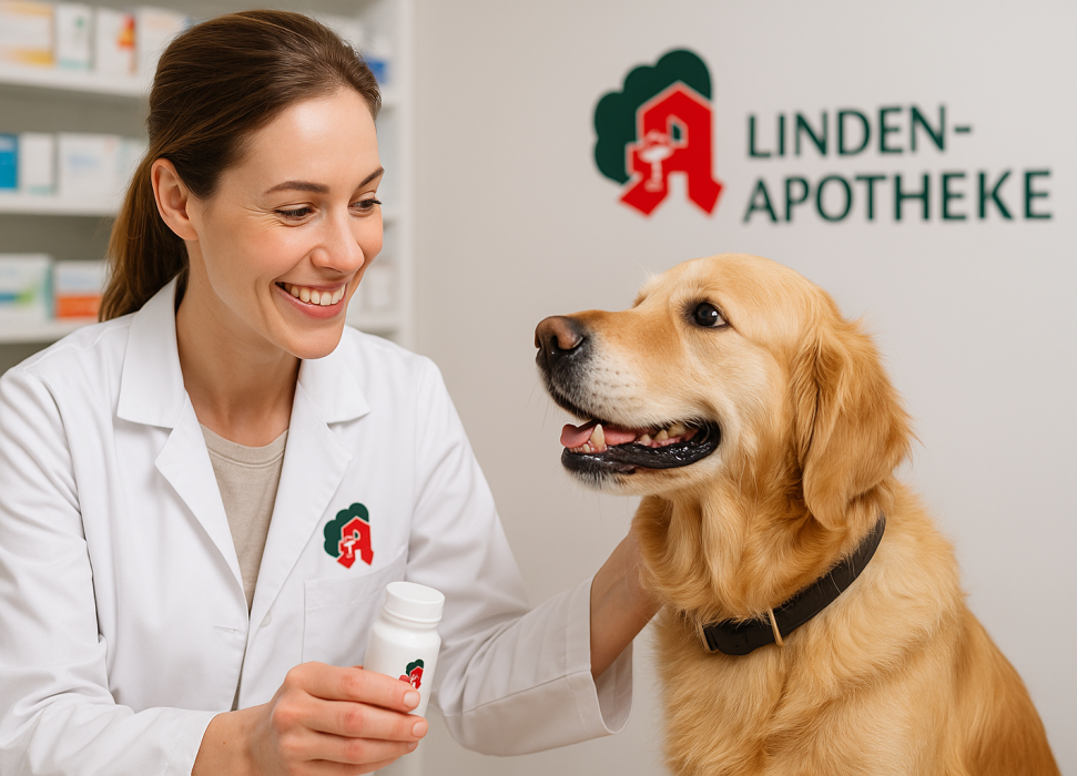 Eine Apothekerin mit weißem Kittel hält eine Medikamentenflasche und streichelt freundlich einen Golden Retriever in der Apotheke. KI‑generiert