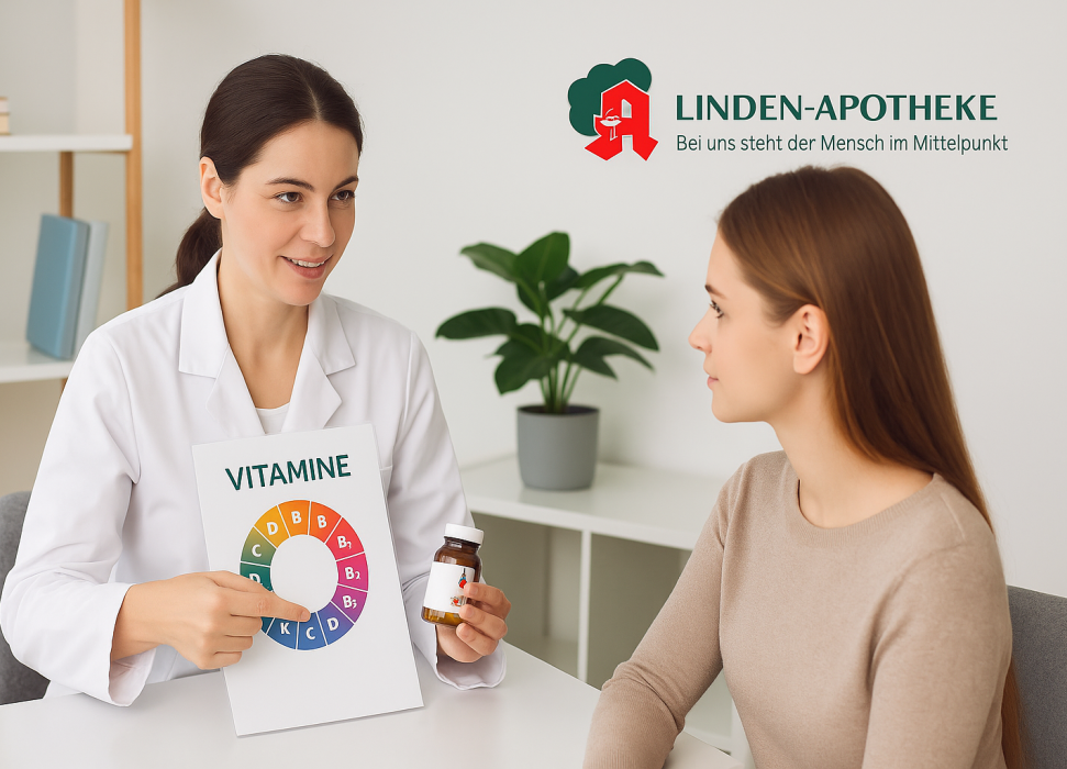 Apothekerin zeigt einer Kundin in einem Beratungsraum ein Vitamin-Diagramm mit der Aufschrift „Vitamine“ und hält ein Fläschchen mit Kapseln. KI‑generiert