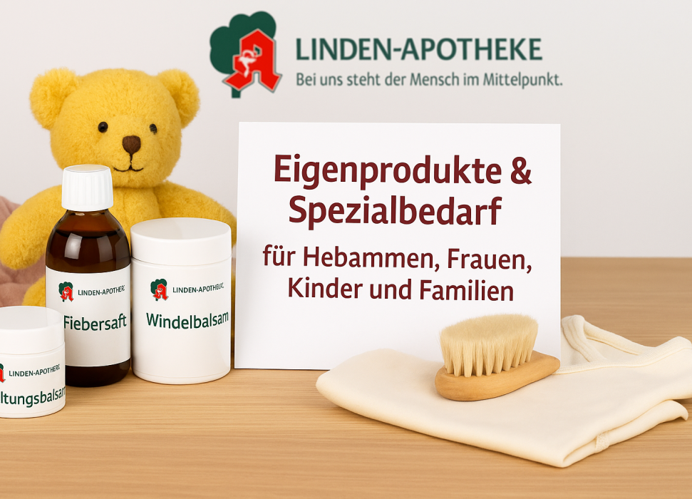 Ein Tisch in einer modernen Apotheke zeigt liebevoll zusammengestellte Pflegeprodukte für Frauen, Babys und Familien – inklusive Salben, Tropfen und Teemischungen - KI‑generiert