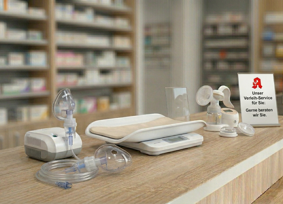 Auf einem Apothekentresen stehen medizinische Geräte zum Ausleihen: ein Inhaliergerät, eine Babywaage und eine elektrische Milchpumpe. Ein kleines Schild weist auf den Verleih-Service hin.