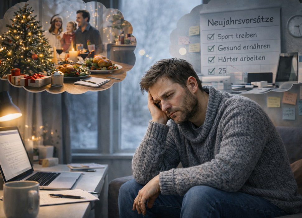 Mann sitzt vor Laptop und denkt an das schöne vergangene Weihnachten