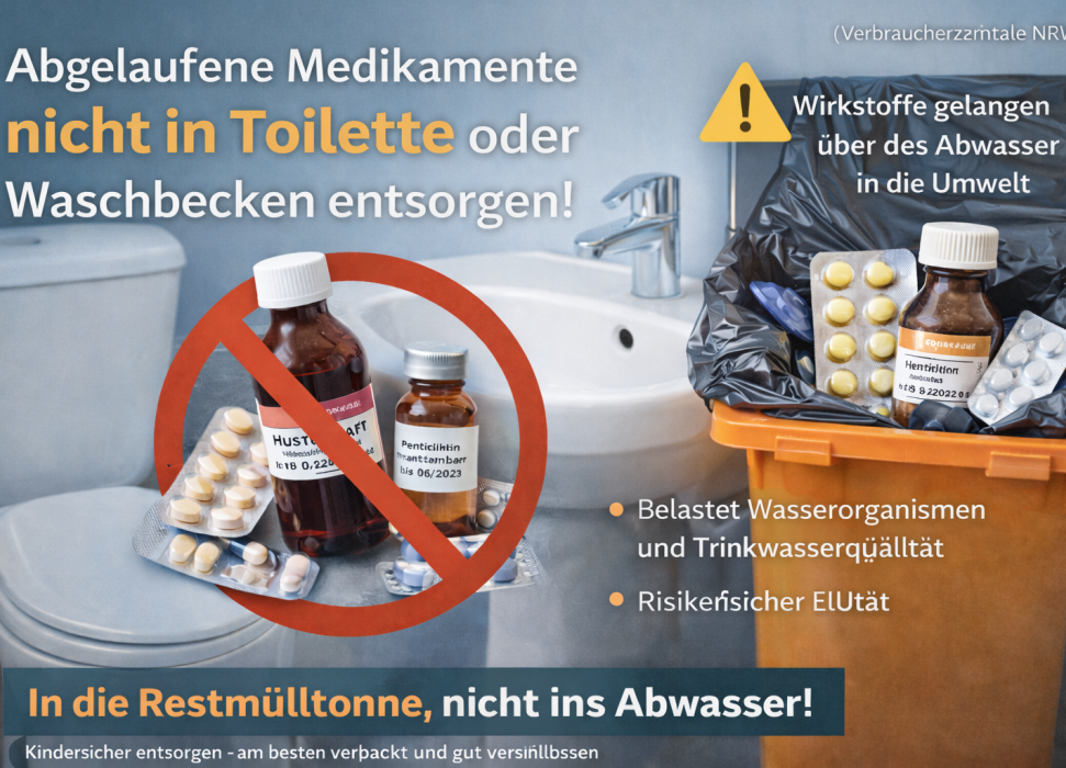 Entsorgung von alten Medikamenten nicht über Toilette, sondern in den Restmüll.