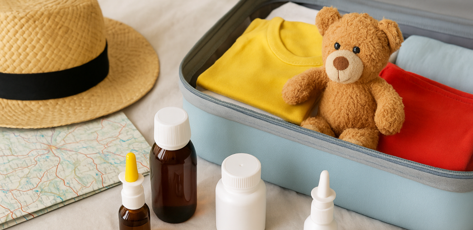 Symbolbild: Reiseapotheke für Kinder: Koffer mit Bär und Medikamente im Vordergrund. KI‑generiert 