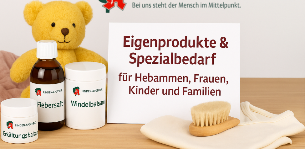 Liebevoll zusammengestellte Pflegeprodukte für Frauen, Babys und Familien – inklusive Salben, Tropfen und Teemischungen stehen auf einen Tisch. KI‑generiert