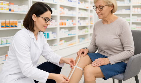 In einem diskreten Beratungsraum misst eine Apothekenmitarbeiterin im weißen Kittel mit einem Maßband den Oberschenkel einer Frau, die hautfarbene Kompressionsstrümpfe trägt. Beide sitzen sich auf Stühlen gegenüber. KI‑generiert