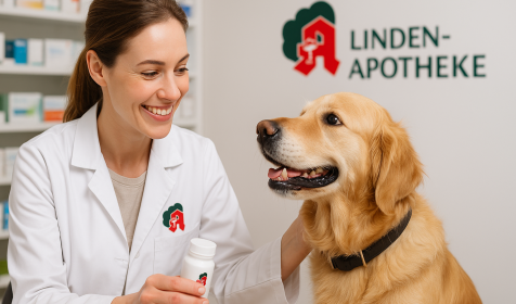 Eine Apothekerin mit weißem Kittel hält eine Medikamentenflasche und streichelt freundlich einen Golden Retriever in der Apotheke. KI‑generiert