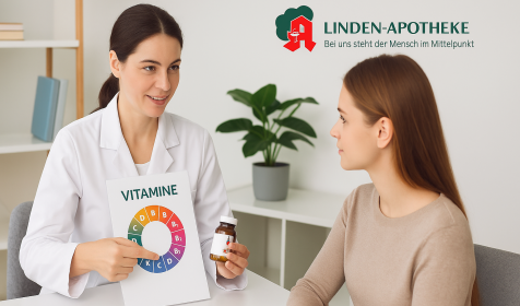 Apothekerin zeigt einer Kundin in einem Beratungsraum ein Vitamin-Diagramm mit der Aufschrift „Vitamine“ und hält ein Fläschchen mit Kapseln. KI‑generiert