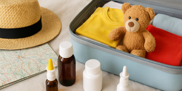 Symbolbild: Reiseapotheke für Kinder: Koffer mit Bär und Medikamente im Vordergrund. KI‑generiert 