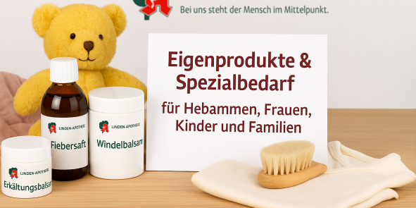 Ein Tisch in einer modernen Apotheke zeigt liebevoll zusammengestellte Pflegeprodukte für Frauen, Babys und Familien – inklusive Salben, Tropfen und Teemischungen - KI‑generiert