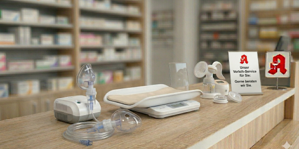 Auf einem Apothekentresen stehen medizinische Geräte zum Ausleihen: ein Inhaliergerät, eine Babywaage und eine elektrische Milchpumpe. Ein kleines Schild weist auf den Verleih-Service hin.